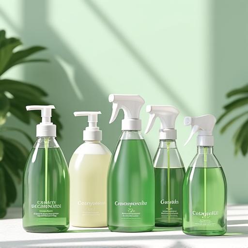 Produtos de limpeza ecológicos com rótulos verdes e ingredientes naturais.